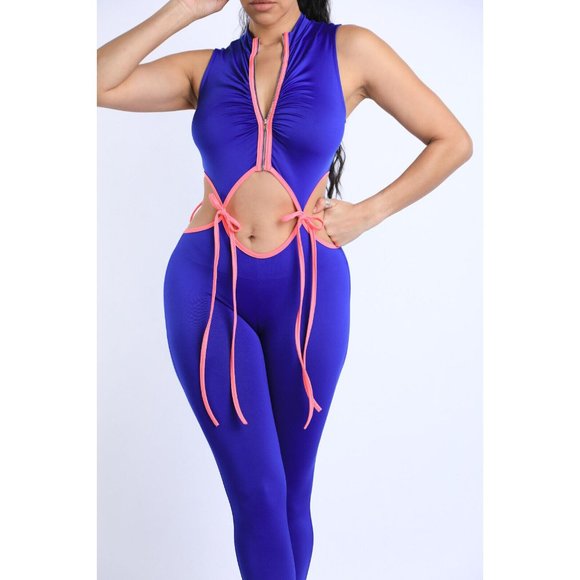 Boutique Pants - Hollow Out Patchwork Women String Tie Jumpsuit Zipper Sleeveless Bodycon